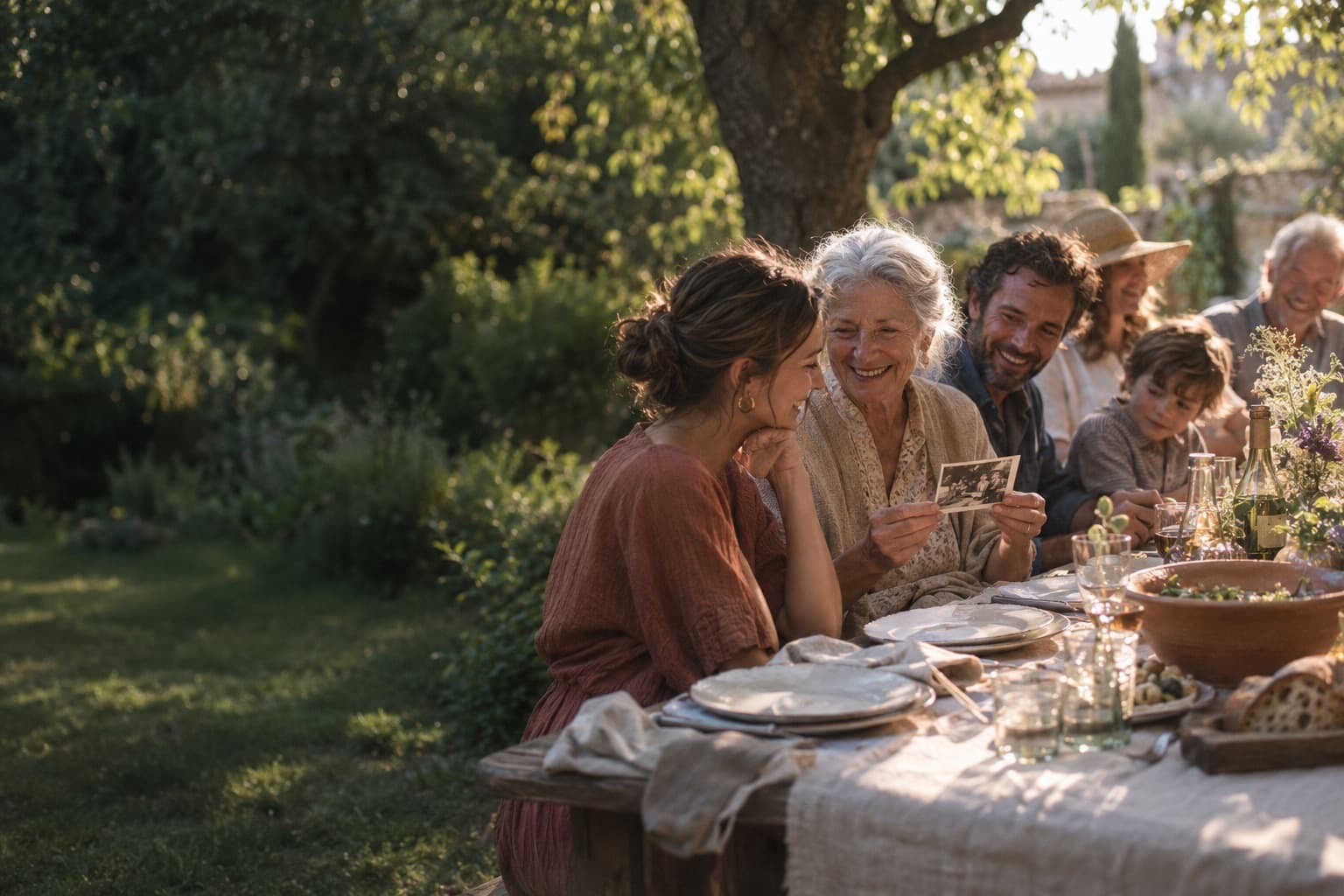 Illustrative family gathering: a grandmother shares an old photograph around a sunny garden table.